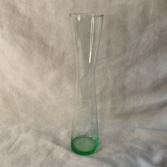 Other - Ice Green Glass Bud Vase Etched with Grapes Hourglass Shape 9.5” tall